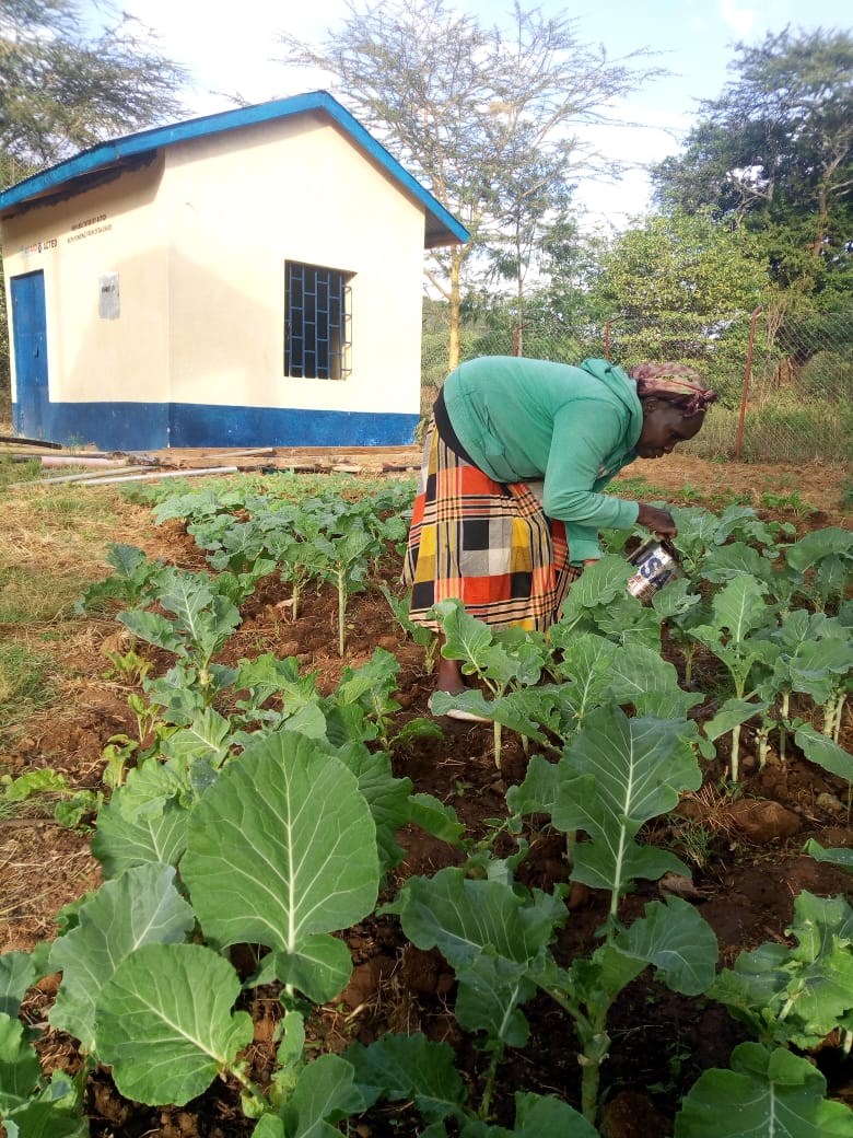 Kenyan beneficiary waters her garden